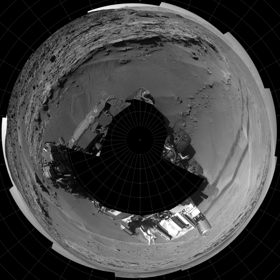 NASA's Mars rover Curiosity took 19 images in Gale Crater using its mast-mounted Left Navigation Camera (Navcam) to create this mosaic. The seam-corrected mosaic provides a polar stereographic projection panorama of the Martian surface with 0 degrees azimuth (measured clockwise from north) at the top of the image. Curiosity took the images on April 21, 2014, Sol 606 of the Mars Science Laboratory mission at drive 1256, site number 31. The local mean solar time for the image exposures was from 2 PM to 3 PM. Each Navcam image has a 45-degree field of view. CREDIT: NASA/JPL-Caltech