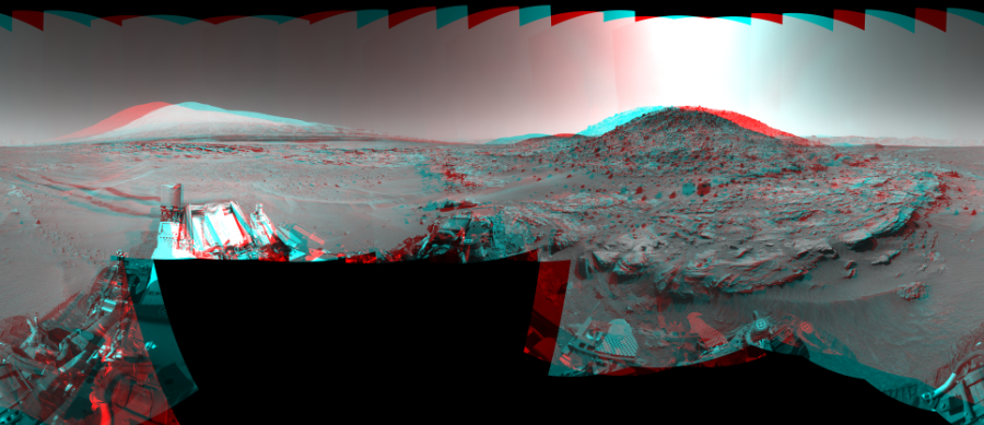 NASA's Mars rover Curiosity took 32 image pairs in Gale Crater using its mast-mounted Navigation Camera (Navcam) to create this mosaic. The seam-corrected mosaic provides a 360-degree cylindrical perspective projection panorama of the Martian surface suitable for stereo viewing, centered at 303 degrees azimuth (measured clockwise from north). This anaglyph must be viewed with red/blue glasses (red over left eye).  Curiosity took the images on May 06, 2014, Sols 621-609 of the Mars Science Laboratory mission at drive 1330, site number 31. The local mean solar time for the image exposures was from 1 PM to 2 PM. Each Navcam image has a 45-degree field of view. CREDIT: NASA/JPL-Caltech