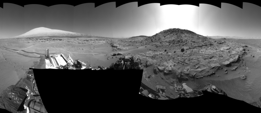NASA's Mars rover Curiosity took 32 images in Gale Crater using its mast-mounted Left Navigation Camera (Navcam) to create this mosaic. The seam-corrected mosaic provides a 360-degree cylindrical-perspective projection panorama of the Martian surface suitable for stereo viewing, centered at 303 degrees azimuth (measured clockwise from north). This single-eye view must be combined with the partner right image to be viewed in stereo.  Curiosity took the images on May 06, 2014, Sols 621-609 of the Mars Science Laboratory mission at drive 1330, site number 31. The local mean solar time for the image exposures was from 1 PM to 2 PM. Each Navcam image has a 45-degree field of view. CREDIT: NASA/JPL-Caltech