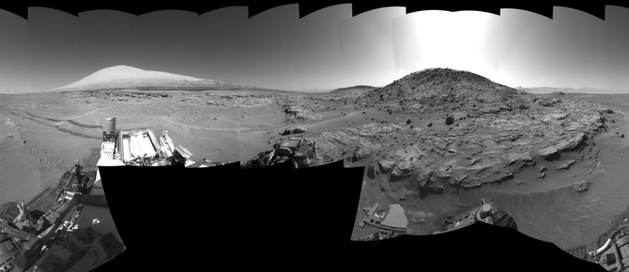 NASA's Mars rover Curiosity took 32 images in Gale Crater using its mast-mounted Right Navigation Camera (Navcam) to create this mosaic. The seam-corrected mosaic provides a 360-degree cylindrical-perspective projection panorama of the Martian surface suitable for stereo viewing, centered at 292 degrees azimuth (measured clockwise from north). This single-eye view must be combined with the partner left image to be viewed in stereo.  Curiosity took the images on May 06, 2014, Sols 621-609 of the Mars Science Laboratory mission at drive 1330, site number 31. The local mean solar time for the image exposures was from 1 PM to 2 PM. Each Navcam image has a 45-degree field of view. CREDIT: NASA/JPL-Caltech