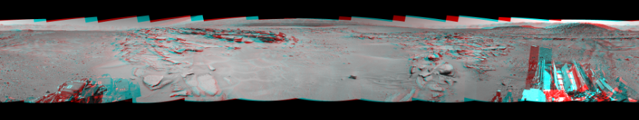 NASA's Mars rover Curiosity took 12 image pairs in Gale Crater using its mast-mounted Navigation Camera (Navcam) to create this mosaic. The seam-corrected mosaic provides a 360-degree cylindrical perspective projection panorama of the Martian surface suitable for stereo viewing, centered at 61 degrees azimuth (measured clockwise from north). This anaglyph must be viewed with red/blue glasses (red over left eye). Curiosity took the images on May 15, 2014, Sol 630 of the Mars Science Laboratory mission at drive 1472, site number 31. The local mean solar time for the image exposures was 1 PM. Each Navcam image has a 45-degree field of view. CREDIT: NASA/JPL-Caltech