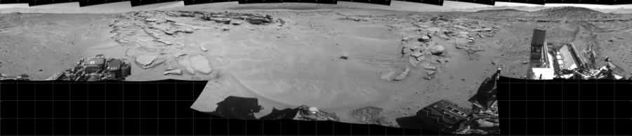 NASA's Mars rover Curiosity took 17 images in Gale Crater using its mast-mounted Left Navigation Camera (Navcam) to create this mosaic. The seam-corrected mosaic provides a 360-degree cylindrical projection panorama of the Martian surface centered at 180 degrees azimuth (measured clockwise from north). Curiosity took the images on May 15, 2014, Sol 630 of the Mars Science Laboratory mission at drive 1472, site number 31. The local mean solar time for the image exposures was 1 PM. Each Navcam image has a 45 degree field of view. CREDIT: NASA/JPL-Caltech