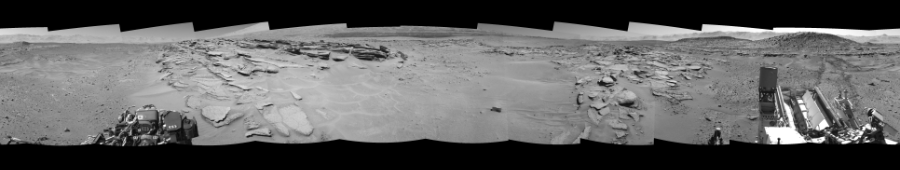 NASA's Mars rover Curiosity took 12 images in Gale Crater using its mast-mounted Left Navigation Camera (Navcam) to create this mosaic. The seam-corrected mosaic provides a 360-degree cylindrical-perspective projection panorama of the Martian surface suitable for stereo viewing, centered at 61 degrees azimuth (measured clockwise from north). This single-eye view must be combined with the partner right image to be viewed in stereo. Curiosity took the images on May 15, 2014, Sol 630 of the Mars Science Laboratory mission at drive 1472, site number 31. The local mean solar time for the image exposures was 1 PM. Each Navcam image has a 45-degree field of view. CREDIT: NASA/JPL-Caltech