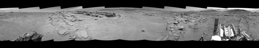 NASA's Mars rover Curiosity took 12 images in Gale Crater using its mast-mounted Right Navigation Camera (Navcam) to create this mosaic. The seam-corrected mosaic provides a 0-degree cylindrical-perspective projection panorama of the Martian surface suitable for stereo viewing, centered at 234 degrees azimuth (measured clockwise from north). This single-eye view must be combined with the partner left image to be viewed in stereo.  Curiosity took the images on May 15, 2014, Sol 630 of the Mars Science Laboratory mission at drive 1472, site number 31. The local mean solar time for the image exposures was 1 PM. Each Navcam image has a 45-degree field of view. CREDIT: NASA/JPL-Caltech