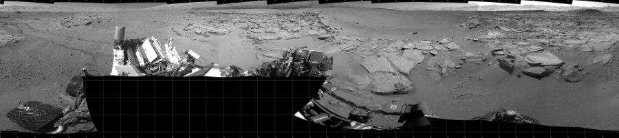 NASA's Mars rover Curiosity took 18 images in Gale Crater using its mast-mounted Left Navigation Camera (Navcam) to create this mosaic. The seam-corrected mosaic provides a 360-degree cylindrical projection panorama of the Martian surface centered at 180 degrees azimuth (measured clockwise from north). Curiosity took the images on May 17, 2014, Sol 631 of the Mars Science Laboratory mission at drive 0, site number 32. The local mean solar time for the image exposures was from 1 PM to 2 PM. Each Navcam image has a 45 degree field of view. CREDIT: NASA/JPL-Caltech