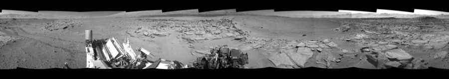 NASA's Mars rover Curiosity took 12 images in Gale Crater using its mast-mounted Left Navigation Camera (Navcam) to create this mosaic. The seam-corrected mosaic provides a 360-degree cylindrical-perspective projection panorama of the Martian surface suitable for stereo viewing, centered at 297 degrees azimuth (measured clockwise from north). This single-eye view must be combined with the partner right image to be viewed in stereo.  Curiosity took the images on May 17, 2014, Sol 631 of the Mars Science Laboratory mission at drive 0, site number 32. The local mean solar time for the image exposures was 1 PM. Each Navcam image has a 45-degree field of view. CREDIT: NASA/JPL-Caltech