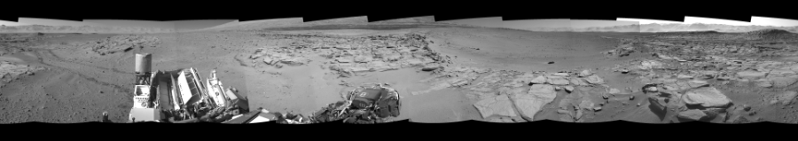 NASA's Mars rover Curiosity took 12 images in Gale Crater using its mast-mounted Right Navigation Camera (Navcam) to create this mosaic. The seam-corrected mosaic provides a 0-degree cylindrical-perspective projection panorama of the Martian surface suitable for stereo viewing, centered at 110 degrees azimuth (measured clockwise from north). This single-eye view must be combined with the partner left image to be viewed in stereo.  Curiosity took the images on May 17, 2014, Sol 631 of the Mars Science Laboratory mission at drive 0, site number 32. The local mean solar time for the image exposures was 1 PM. Each Navcam image has a 45-degree field of view. CREDIT: NASA/JPL-Caltech