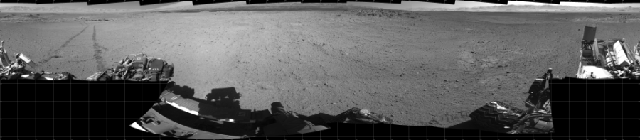 NASA's Mars rover Curiosity took 19 images in Gale Crater using its mast-mounted Left Navigation Camera (Navcam) to create this mosaic. The seam-corrected mosaic provides a 360-degree cylindrical projection panorama of the Martian surface centered at 180 degrees azimuth (measured clockwise from north). Curiosity took the images on May 20, 2014, Sol 634 of the Mars Science Laboratory mission at drive 478, site number 32. The local mean solar time for the image exposures was 2 PM. Each Navcam image has a 45 degree field of view. CREDIT: NASA/JPL-Caltech
