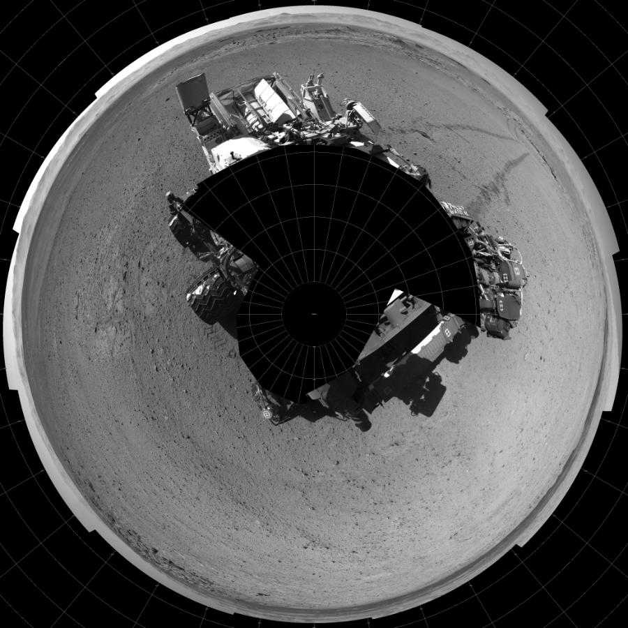 NASA's Mars rover Curiosity took 19 images in Gale Crater using its mast-mounted Left Navigation Camera (Navcam) to create this mosaic. The seam-corrected mosaic provides a polar stereographic projection panorama of the Martian surface with 0 degrees azimuth (measured clockwise from north) at the top of the image. Curiosity took the images on May 20, 2014, Sol 634 of the Mars Science Laboratory mission at drive 478, site number 32. The local mean solar time for the image exposures was 2 PM. Each Navcam image has a 45-degree field of view. CREDIT: NASA/JPL-Caltech