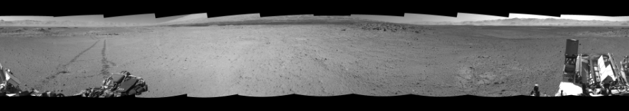 NASA's Mars rover Curiosity took 12 images in Gale Crater using its mast-mounted Right Navigation Camera (Navcam) to create this mosaic. The seam-corrected mosaic provides a 360-degree cylindrical-perspective projection panorama of the Martian surface suitable for stereo viewing, centered at 29 degrees azimuth (measured clockwise from north). This single-eye view must be combined with the partner left image to be viewed in stereo.  Curiosity took the images on May 20, 2014, Sol 634 of the Mars Science Laboratory mission at drive 478, site number 32. The local mean solar time for the image exposures was 2 PM. Each Navcam image has a 45-degree field of view. CREDIT: NASA/JPL-Caltech