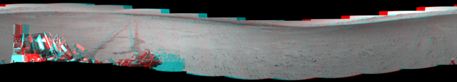 NASA's Mars rover Curiosity took 12 image pairs in Gale Crater using its mast-mounted Navigation Camera (Navcam) to create this mosaic. The seam-corrected mosaic provides a 360-degree cylindrical perspective projection panorama of the Martian surface suitable for stereo viewing, centered at 349 degrees azimuth (measured clockwise from north). This anaglyph must be viewed with red/blue glasses (red over left eye).  Curiosity took the images on May 21, 2014, Sol 635 of the Mars Science Laboratory mission at drive 794, site number 32. The local mean solar time for the image exposures was 2 PM. Each Navcam image has a 45-degree field of view. CREDIT: NASA/JPL-Caltech