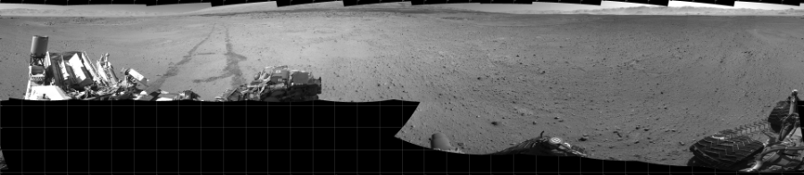 NASA's Mars rover Curiosity took 17 images in Gale Crater using its mast-mounted Left Navigation Camera (Navcam) to create this mosaic. The seam-corrected mosaic provides a 360-degree cylindrical projection panorama of the Martian surface centered at 180 degrees azimuth (measured clockwise from north). Curiosity took the images on May 21, 2014, Sol 635 of the Mars Science Laboratory mission at drive 794, site number 32. The local mean solar time for the image exposures was 2 PM. Each Navcam image has a 45 degree field of view. CREDIT: NASA/JPL-Caltech