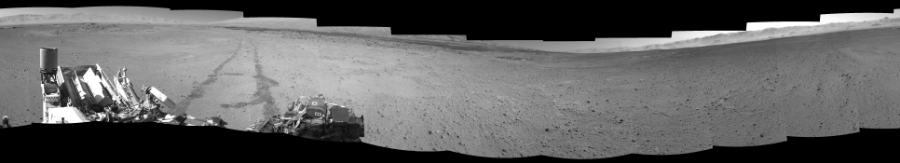 NASA's Mars rover Curiosity took 12 images in Gale Crater using its mast-mounted Left Navigation Camera (Navcam) to create this mosaic. The seam-corrected mosaic provides a 360-degree cylindrical-perspective projection panorama of the Martian surface suitable for stereo viewing, centered at 349 degrees azimuth (measured clockwise from north). This single-eye view must be combined with the partner right image to be viewed in stereo.  Curiosity took the images on May 21, 2014, Sol 635 of the Mars Science Laboratory mission at drive 794, site number 32. The local mean solar time for the image exposures was 2 PM. Each Navcam image has a 45-degree field of view. CREDIT: NASA/JPL-Caltech