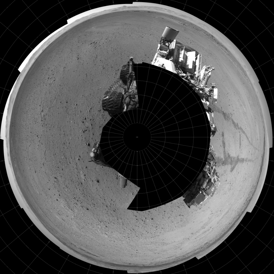 NASA's Mars rover Curiosity took 17 images in Gale Crater using its mast-mounted Left Navigation Camera (Navcam) to create this mosaic. The seam-corrected mosaic provides a polar stereographic projection panorama of the Martian surface with 0 degrees azimuth (measured clockwise from north) at the top of the image. Curiosity took the images on May 21, 2014, Sol 635 of the Mars Science Laboratory mission at drive 794, site number 32. The local mean solar time for the image exposures was 2 PM. Each Navcam image has a 45-degree field of view. CREDIT: NASA/JPL-Caltech
