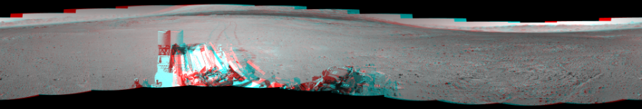 NASA's Mars rover Curiosity took 12 image pairs in Gale Crater using its mast-mounted Navigation Camera (Navcam) to create this mosaic. The seam-corrected mosaic provides a 360-degree cylindrical perspective projection panorama of the Martian surface suitable for stereo viewing, centered at 270 degrees azimuth (measured clockwise from north). This anaglyph must be viewed with red/blue glasses (red over left eye).  Curiosity took the images on May 22, 2014, Sol 636 of the Mars Science Laboratory mission at drive 1020, site number 32. The local mean solar time for the image exposures was 2 PM. Each Navcam image has a 45-degree field of view. CREDIT: NASA/JPL-Caltech