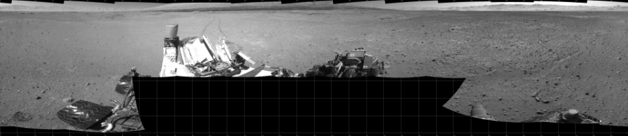 NASA's Mars rover Curiosity took 17 images in Gale Crater using its mast-mounted Left Navigation Camera (Navcam) to create this mosaic. The seam-corrected mosaic provides a 360-degree cylindrical projection panorama of the Martian surface centered at 180 degrees azimuth (measured clockwise from north). Curiosity took the images on May 22, 2014, Sol 636 of the Mars Science Laboratory mission at drive 1020, site number 32. The local mean solar time for the image exposures was 2 PM. Each Navcam image has a 45 degree field of view. CREDIT: NASA/JPL-Caltech