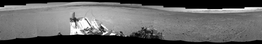 NASA's Mars rover Curiosity took 12 images in Gale Crater using its mast-mounted Left Navigation Camera (Navcam) to create this mosaic. The seam-corrected mosaic provides a 360-degree cylindrical-perspective projection panorama of the Martian surface suitable for stereo viewing, centered at 270 degrees azimuth (measured clockwise from north). This single-eye view must be combined with the partner right image to be viewed in stereo. Curiosity took the images on May 22, 2014, Sol 636 of the Mars Science Laboratory mission at drive 1020, site number 32. The local mean solar time for the image exposures was 2 PM. Each Navcam image has a 45-degree field of view. CREDIT: NASA/JPL-Caltech