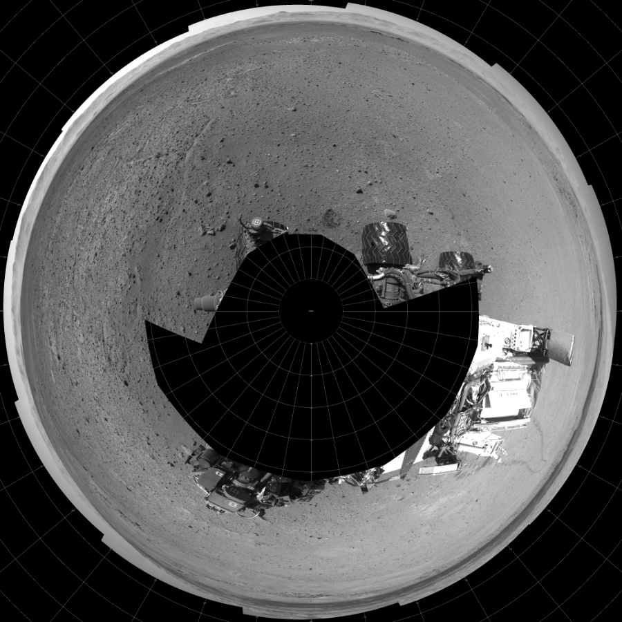 NASA's Mars rover Curiosity took 17 images in Gale Crater using its mast-mounted Left Navigation Camera (Navcam) to create this mosaic. The seam-corrected mosaic provides a polar stereographic projection panorama of the Martian surface with 0 degrees azimuth (measured clockwise from north) at the top of the image. Curiosity took the images on May 22, 2014, Sol 636 of the Mars Science Laboratory mission at drive 1020, site number 32. The local mean solar time for the image exposures was 2 PM. Each Navcam image has a 45-degree field of view. CREDIT: NASA/JPL-Caltech