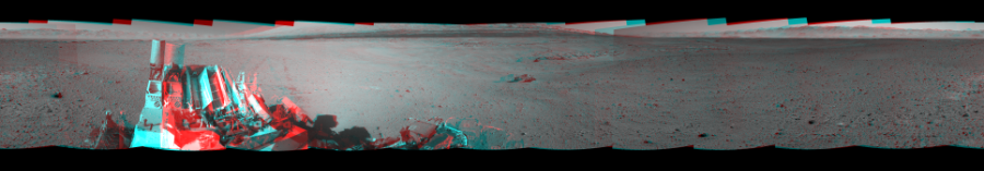 NASA's Mars rover Curiosity took 12 image pairs in Gale Crater using its mast-mounted Navigation Camera (Navcam) to create this mosaic. The seam-corrected mosaic provides a 360-degree cylindrical perspective projection panorama of the Martian surface suitable for stereo viewing, centered at 304 degrees azimuth (measured clockwise from north). This anaglyph must be viewed with red/blue glasses (red over left eye).  Curiosity took the images on May 23, 2014, Sol 637 of the Mars Science Laboratory mission at drive 0, site number 33. The local mean solar time for the image exposures was from 1 PM to 3 PM. Each Navcam image has a 45-degree field of view. CREDIT: NASA/JPL-Caltech