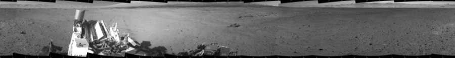 NASA's Mars rover Curiosity took 12 images in Gale Crater using its mast-mounted Left Navigation Camera (Navcam) to create this mosaic. The seam-corrected mosaic provides a 360-degree cylindrical projection panorama of the Martian surface centered at 180 degrees azimuth (measured clockwise from north). Curiosity took the images on May 23, 2014, Sol 637 of the Mars Science Laboratory mission at drive 0, site number 33. The local mean solar time for the image exposures was from 1 PM to 3 PM. Each Navcam image has a 45 degree field of view. CREDIT: NASA/JPL-Caltech