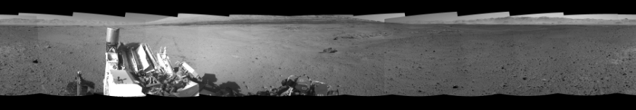 NASA's Mars rover Curiosity took 12 images in Gale Crater using its mast-mounted Left Navigation Camera (Navcam) to create this mosaic. The seam-corrected mosaic provides a 360-degree cylindrical-perspective projection panorama of the Martian surface suitable for stereo viewing, centered at 304 degrees azimuth (measured clockwise from north). This single-eye view must be combined with the partner right image to be viewed in stereo.  Curiosity took the images on May 23, 2014, Sol 637 of the Mars Science Laboratory mission at drive 0, site number 33. The local mean solar time for the image exposures was from 1 PM to 3 PM. Each Navcam image has a 45-degree field of view. CREDIT: NASA/JPL-Caltech