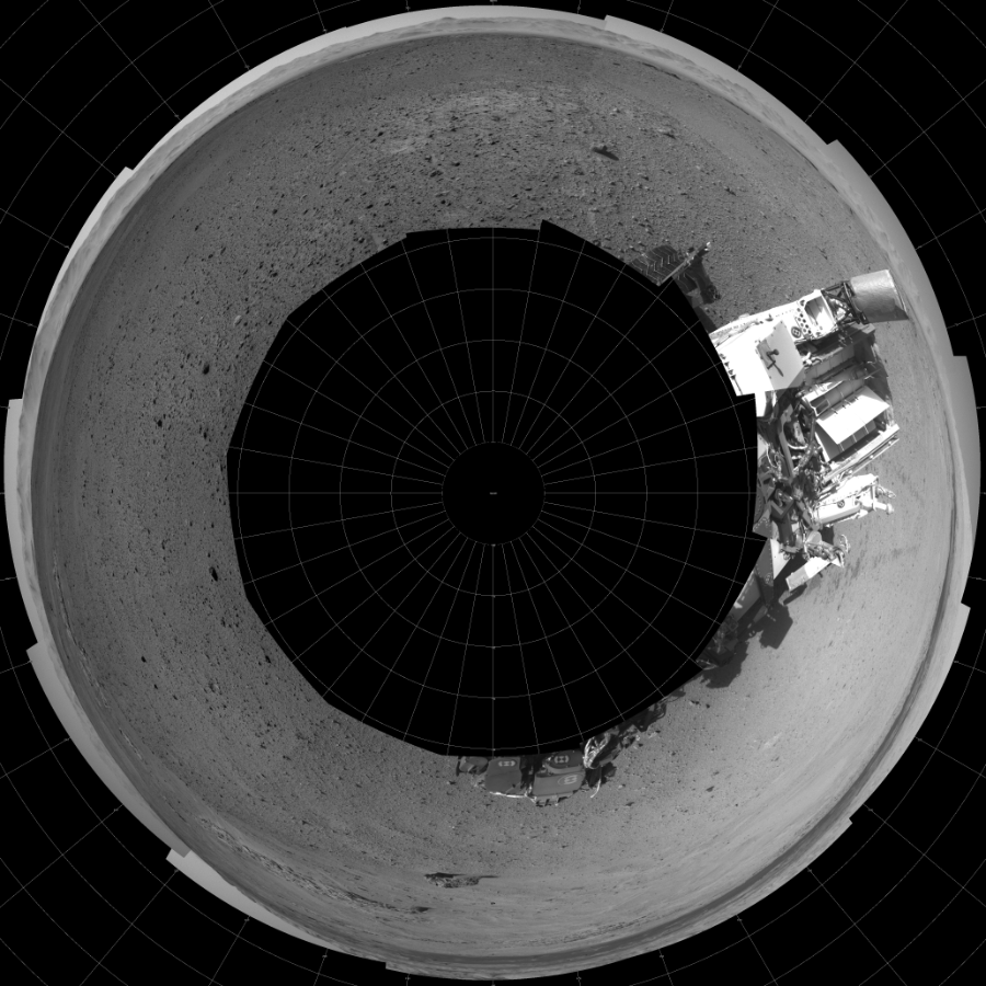 NASA's Mars rover Curiosity took 12 images in Gale Crater using its mast-mounted Left Navigation Camera (Navcam) to create this mosaic. The seam-corrected mosaic provides a polar stereographic projection panorama of the Martian surface with 0 degrees azimuth (measured clockwise from north) at the top of the image. Curiosity took the images on May 23, 2014, Sol 637 of the Mars Science Laboratory mission at drive 0, site number 33. The local mean solar time for the image exposures was from 1 PM to 3 PM. Each Navcam image has a 45-degree field of view. CREDIT: NASA/JPL-Caltech