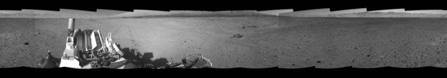 NASA's Mars rover Curiosity took 12 images in Gale Crater using its mast-mounted Right Navigation Camera (Navcam) to create this mosaic. The seam-corrected mosaic provides a 360-degree cylindrical-perspective projection panorama of the Martian surface suitable for stereo viewing, centered at 297 degrees azimuth (measured clockwise from north). This single-eye view must be combined with the partner left image to be viewed in stereo.  Curiosity took the images on May 23, 2014, Sol 637 of the Mars Science Laboratory mission at drive 0, site number 33. The local mean solar time for the image exposures was from 1 PM to 3 PM. Each Navcam image has a 45-degree field of view. CREDIT: NASA/JPL-Caltech