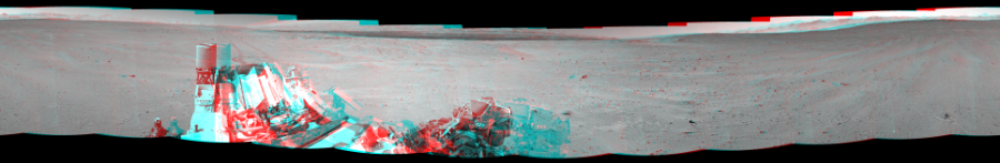 NASA's Mars rover Curiosity took 12 image pairs in Gale Crater using its mast-mounted Navigation Camera (Navcam) to create this mosaic. The seam-corrected mosaic provides a 360-degree cylindrical perspective projection panorama of the Martian surface suitable for stereo viewing, centered at 289 degrees azimuth (measured clockwise from north). This anaglyph must be viewed with red/blue glasses (red over left eye). Curiosity took the images on May 29, 2014, Sol 643 of the Mars Science Laboratory mission at drive 660, site number 33. The local mean solar time for the image exposures was 1 PM. Each Navcam image has a 45-degree field of view. CREDIT: NASA/JPL-Caltech