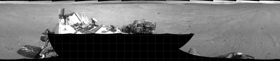 NASA's Mars rover Curiosity took 17 images in Gale Crater using its mast-mounted Left Navigation Camera (Navcam) to create this mosaic. The seam-corrected mosaic provides a 360-degree cylindrical projection panorama of the Martian surface centered at 180 degrees azimuth (measured clockwise from north). Curiosity took the images on May 29, 2014, Sol 643 of the Mars Science Laboratory mission at drive 660, site number 33. The local mean solar time for the image exposures was 1 PM. Each Navcam image has a 45 degree field of view. CREDIT: NASA/JPL-Caltech