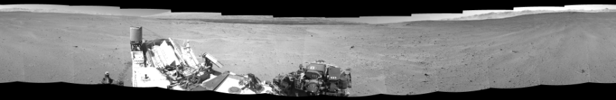 NASA's Mars rover Curiosity took 12 images in Gale Crater using its mast-mounted Left Navigation Camera (Navcam) to create this mosaic. The seam-corrected mosaic provides a 360-degree cylindrical-perspective projection panorama of the Martian surface suitable for stereo viewing, centered at 289 degrees azimuth (measured clockwise from north). This single-eye view must be combined with the partner right image to be viewed in stereo.  Curiosity took the images on May 29, 2014, Sol 643 of the Mars Science Laboratory mission at drive 660, site number 33. The local mean solar time for the image exposures was 1 PM. Each Navcam image has a 45-degree field of view. CREDIT: NASA/JPL-Caltech