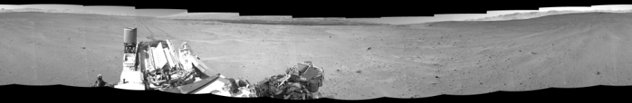 NASA's Mars rover Curiosity took 12 images in Gale Crater using its mast-mounted Right Navigation Camera (Navcam) to create this mosaic. The seam-corrected mosaic provides a 0-degree cylindrical-perspective projection panorama of the Martian surface suitable for stereo viewing, centered at 102 degrees azimuth (measured clockwise from north). This single-eye view must be combined with the partner left image to be viewed in stereo.  Curiosity took the images on May 29, 2014, Sol 643 of the Mars Science Laboratory mission at drive 660, site number 33. The local mean solar time for the image exposures was 1 PM. Each Navcam image has a 45-degree field of view. CREDIT: NASA/JPL-Caltech