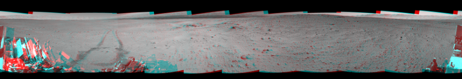 NASA's Mars rover Curiosity took 12 image pairs in Gale Crater using its mast-mounted Navigation Camera (Navcam) to create this mosaic. The seam-corrected mosaic provides a 360-degree cylindrical perspective projection panorama of the Martian surface suitable for stereo viewing, centered at 360 degrees azimuth (measured clockwise from north). This anaglyph must be viewed with red/blue glasses (red over left eye).  Curiosity took the images on May 30, 2014, Sol 644 of the Mars Science Laboratory mission at drive 1036, site number 33. The local mean solar time for the image exposures was 1 PM. Each Navcam image has a 45-degree field of view. CREDIT: NASA/JPL-Caltech