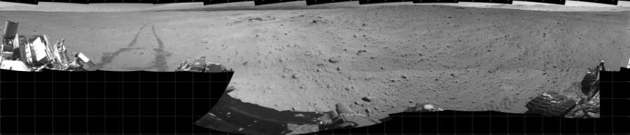 NASA's Mars rover Curiosity took 19 images in Gale Crater using its mast-mounted Left Navigation Camera (Navcam) to create this mosaic. The seam-corrected mosaic provides a 360-degree cylindrical projection panorama of the Martian surface centered at 180 degrees azimuth (measured clockwise from north). Curiosity took the images on May 30, 2014, Sol 644 of the Mars Science Laboratory mission at drive 1036, site number 33. The local mean solar time for the image exposures was 1 PM. Each Navcam image has a 45 degree field of view. CREDIT: NASA/JPL-Caltech
