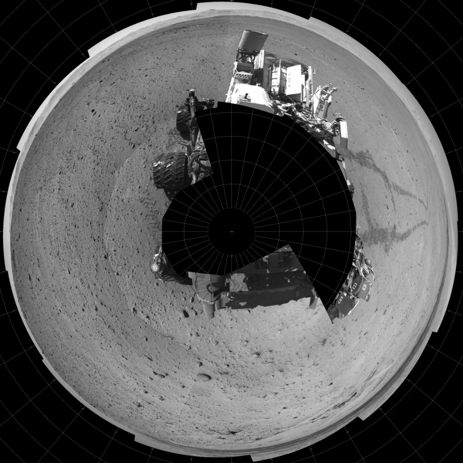 NASA's Mars rover Curiosity took 19 images in Gale Crater using its mast-mounted Left Navigation Camera (Navcam) to create this mosaic. The seam-corrected mosaic provides a polar stereographic projection panorama of the Martian surface with 0 degrees azimuth (measured clockwise from north) at the top of the image. Curiosity took the images on May 30, 2014, Sol 644 of the Mars Science Laboratory mission at drive 1036, site number 33. The local mean solar time for the image exposures was 1 PM. Each Navcam image has a 45-degree field of view. CREDIT: NASA/JPL-Caltech