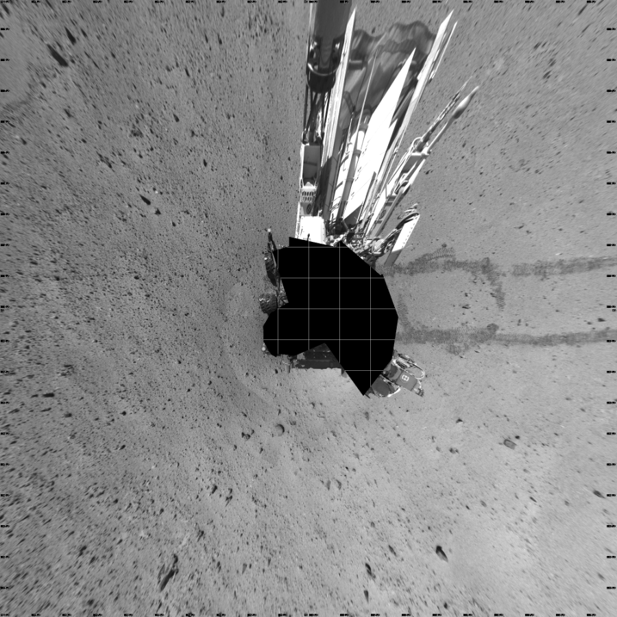 NASA's Mars rover Curiosity took 19 images in Gale Crater using its mast-mounted Left Navigation Camera (Navcam) to create this mosaic. The seam-corrected mosaic provides a vertical projection of the Martian surface near the rover, covering an area of 20 meters (north/south) by 20 meters (east/west). North is up in the image. This projection provides an overhead view, but introduces distortion for items not on the surface, such as large rocks and the rover itself.  Curiosity took the images on May 30, 2014, Sol 644 of the Mars Science Laboratory mission at drive 1036, site number 33. The local mean solar time for the image exposures was 1 PM. Each Navcam image has a 45-degree field of view. CREDIT: NASA/JPL-Caltech
