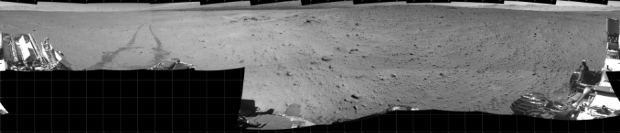 NASA's Mars rover Curiosity took 19 images in Gale Crater using its mast-mounted Right Navigation Camera (Navcam) to create this mosaic. The seam-corrected mosaic provides a 360-degree cylindrical projection panorama of the Martian surface centered at 180 degrees azimuth (measured clockwise from north). Curiosity took the images on May 30, 2014, Sol 644 of the Mars Science Laboratory mission at drive 1036, site number 33. The local mean solar time for the image exposures was 1 PM. Each Navcam image has a 45 degree field of view. CREDIT: NASA/JPL-Caltech