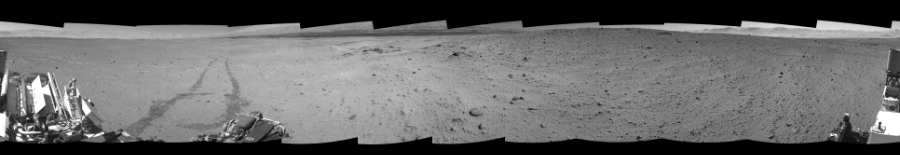 NASA's Mars rover Curiosity took 12 images in Gale Crater using its mast-mounted Right Navigation Camera (Navcam) to create this mosaic. The seam-corrected mosaic provides a 0-degree cylindrical-perspective projection panorama of the Martian surface suitable for stereo viewing, centered at 176 degrees azimuth (measured clockwise from north). This single-eye view must be combined with the partner left image to be viewed in stereo.  Curiosity took the images on May 30, 2014, Sol 644 of the Mars Science Laboratory mission at drive 1036, site number 33. The local mean solar time for the image exposures was 1 PM. Each Navcam image has a 45-degree field of view. CREDIT: NASA/JPL-Caltech