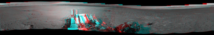 NASA's Mars rover Curiosity took 12 image pairs in Gale Crater using its mast-mounted Navigation Camera (Navcam) to create this mosaic. The seam-corrected mosaic provides a 360-degree cylindrical perspective projection panorama of the Martian surface suitable for stereo viewing, centered at 241 degrees azimuth (measured clockwise from north). This anaglyph must be viewed with red/blue glasses (red over left eye).  Curiosity took the images on June 02, 2014, Sol 647 of the Mars Science Laboratory mission at drive 0, site number 34. The local mean solar time for the image exposures was from 2 PM to 4 PM. Each Navcam image has a 45-degree field of view. CREDIT: NASA/JPL-Caltech