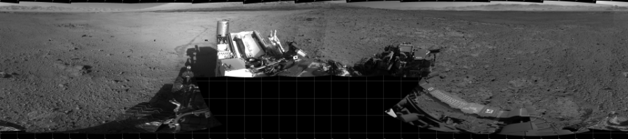 NASA's Mars rover Curiosity took 19 images in Gale Crater using its mast-mounted Left Navigation Camera (Navcam) to create this mosaic. The seam-corrected mosaic provides a 360-degree cylindrical projection panorama of the Martian surface centered at 180 degrees azimuth (measured clockwise from north). Curiosity took the images on June 02, 2014, Sol 647 of the Mars Science Laboratory mission at drive 0, site number 34. The local mean solar time for the image exposures was from 2 PM to 4 PM. Each Navcam image has a 45 degree field of view. CREDIT: NASA/JPL-Caltech