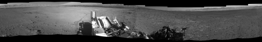 NASA's Mars rover Curiosity took 12 images in Gale Crater using its mast-mounted Left Navigation Camera (Navcam) to create this mosaic. The seam-corrected mosaic provides a 360-degree cylindrical-perspective projection panorama of the Martian surface suitable for stereo viewing, centered at 241 degrees azimuth (measured clockwise from north). This single-eye view must be combined with the partner right image to be viewed in stereo.  Curiosity took the images on June 02, 2014, Sol 647 of the Mars Science Laboratory mission at drive 0, site number 34. The local mean solar time for the image exposures was from 2 PM to 4 PM. Each Navcam image has a 45-degree field of view. CREDIT: NASA/JPL-Caltech