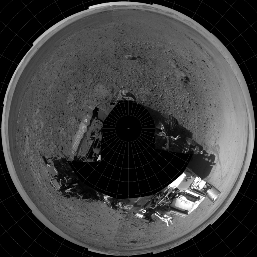 NASA's Mars rover Curiosity took 19 images in Gale Crater using its mast-mounted Left Navigation Camera (Navcam) to create this mosaic. The seam-corrected mosaic provides a polar stereographic projection panorama of the Martian surface with 0 degrees azimuth (measured clockwise from north) at the top of the image. Curiosity took the images on June 02, 2014, Sol 647 of the Mars Science Laboratory mission at drive 0, site number 34. The local mean solar time for the image exposures was from 2 PM to 4 PM. Each Navcam image has a 45-degree field of view. CREDIT: NASA/JPL-Caltech