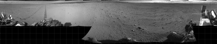 NASA's Mars rover Curiosity took 17 images in Gale Crater using its mast-mounted Left Navigation Camera (Navcam) to create this mosaic. The seam-corrected mosaic provides a 360-degree cylindrical projection panorama of the Martian surface centered at 180 degrees azimuth (measured clockwise from north). Curiosity took the images on June 04, 2014, Sol 649 of the Mars Science Laboratory mission at drive 286, site number 34. The local mean solar time for the image exposures was 3 PM. Each Navcam image has a 45 degree field of view. CREDIT: NASA/JPL-Caltech