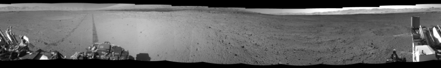 NASA's Mars rover Curiosity took 12 images in Gale Crater using its mast-mounted Left Navigation Camera (Navcam) to create this mosaic. The seam-corrected mosaic provides a 360-degree cylindrical-perspective projection panorama of the Martian surface suitable for stereo viewing, centered at 30 degrees azimuth (measured clockwise from north). This single-eye view must be combined with the partner right image to be viewed in stereo.  Curiosity took the images on June 04, 2014, Sols 649-650 of the Mars Science Laboratory mission at drive 286, site number 34. The local mean solar time for the image exposures was 3 PM. Each Navcam image has a 45-degree field of view. CREDIT: NASA/JPL-Caltech