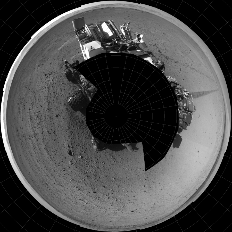 NASA's Mars rover Curiosity took 17 images in Gale Crater using its mast-mounted Left Navigation Camera (Navcam) to create this mosaic. The seam-corrected mosaic provides a polar stereographic projection panorama of the Martian surface with 0 degrees azimuth (measured clockwise from north) at the top of the image. Curiosity took the images on June 04, 2014, Sol 649 of the Mars Science Laboratory mission at drive 286, site number 34. The local mean solar time for the image exposures was 3 PM. Each Navcam image has a 45-degree field of view. CREDIT: NASA/JPL-Caltech