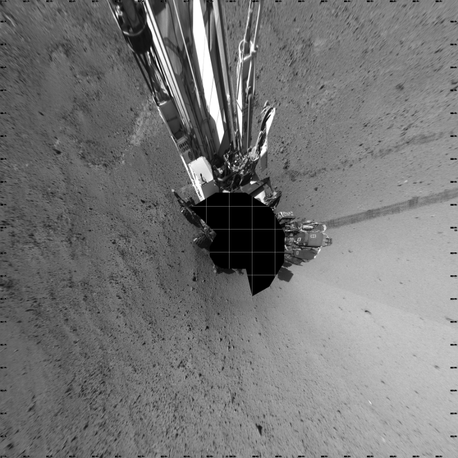 NASA's Mars rover Curiosity took 17 images in Gale Crater using its mast-mounted Left Navigation Camera (Navcam) to create this mosaic. The seam-corrected mosaic provides a vertical projection of the Martian surface near the rover, covering an area of 20 meters (north/south) by 20 meters (east/west). North is up in the image. This projection provides an overhead view, but introduces distortion for items not on the surface, such as large rocks and the rover itself.  Curiosity took the images on June 04, 2014, Sol 649 of the Mars Science Laboratory mission at drive 286, site number 34. The local mean solar time for the image exposures was 3 PM. Each Navcam image has a 45-degree field of view. CREDIT: NASA/JPL-Caltech