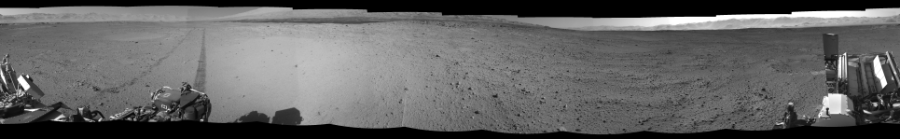 NASA's Mars rover Curiosity took 12 images in Gale Crater using its mast-mounted Right Navigation Camera (Navcam) to create this mosaic. The seam-corrected mosaic provides a 0-degree cylindrical-perspective projection panorama of the Martian surface suitable for stereo viewing, centered at 203 degrees azimuth (measured clockwise from north). This single-eye view must be combined with the partner left image to be viewed in stereo.  Curiosity took the images on June 04, 2014, Sols 649-650 of the Mars Science Laboratory mission at drive 286, site number 34. The local mean solar time for the image exposures was 3 PM. Each Navcam image has a 45-degree field of view. CREDIT: NASA/JPL-Caltech