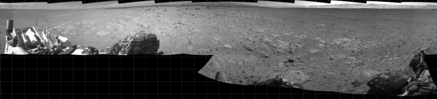 NASA's Mars rover Curiosity took 17 images in Gale Crater using its mast-mounted Left Navigation Camera (Navcam) to create this mosaic. The seam-corrected mosaic provides a 360-degree cylindrical projection panorama of the Martian surface centered at 180 degrees azimuth (measured clockwise from north). Curiosity took the images on June 06, 2014, Sol 651 of the Mars Science Laboratory mission at drive 416, site number 34. The local mean solar time for the image exposures was 2 PM. Each Navcam image has a 45 degree field of view. CREDIT: NASA/JPL-Caltech
