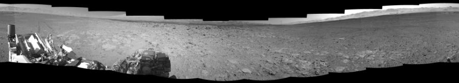 NASA's Mars rover Curiosity took 12 images in Gale Crater using its mast-mounted Left Navigation Camera (Navcam) to create this mosaic. The seam-corrected mosaic provides a 360-degree cylindrical-perspective projection panorama of the Martian surface suitable for stereo viewing, centered at 360 degrees azimuth (measured clockwise from north). This single-eye view must be combined with the partner right image to be viewed in stereo. Curiosity took the images on June 06, 2014, Sol 651 of the Mars Science Laboratory mission at drive 416, site number 34. The local mean solar time for the image exposures was 2 PM. Each Navcam image has a 45-degree field of view. CREDIT: NASA/JPL-Caltech