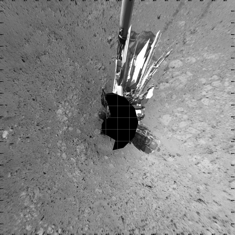 NASA's Mars rover Curiosity took 17 images in Gale Crater using its mast-mounted Left Navigation Camera (Navcam) to create this mosaic. The seam-corrected mosaic provides a vertical projection of the Martian surface near the rover, covering an area of 20 meters (north/south) by 20 meters (east/west). North is up in the image. This projection provides an overhead view, but introduces distortion for items not on the surface, such as large rocks and the rover itself.  Curiosity took the images on June 06, 2014, Sol 651 of the Mars Science Laboratory mission at drive 416, site number 34. The local mean solar time for the image exposures was 2 PM. Each Navcam image has a 45-degree field of view. CREDIT: NASA/JPL-Caltech