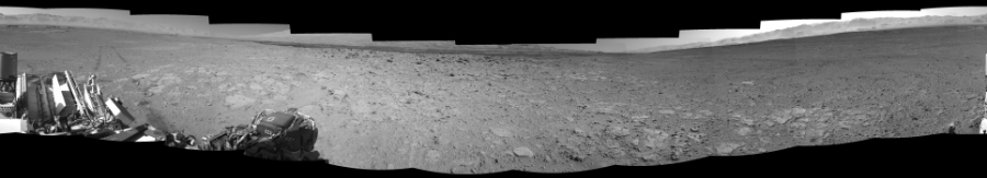 NASA's Mars rover Curiosity took 12 images in Gale Crater using its mast-mounted Right Navigation Camera (Navcam) to create this mosaic. The seam-corrected mosaic provides a 360-degree cylindrical-perspective projection panorama of the Martian surface suitable for stereo viewing, centered at 352 degrees azimuth (measured clockwise from north). This single-eye view must be combined with the partner left image to be viewed in stereo.  Curiosity took the images on June 06, 2014, Sol 651 of the Mars Science Laboratory mission at drive 416, site number 34. The local mean solar time for the image exposures was 2 PM. Each Navcam image has a 45-degree field of view. CREDIT: NASA/JPL-Caltech